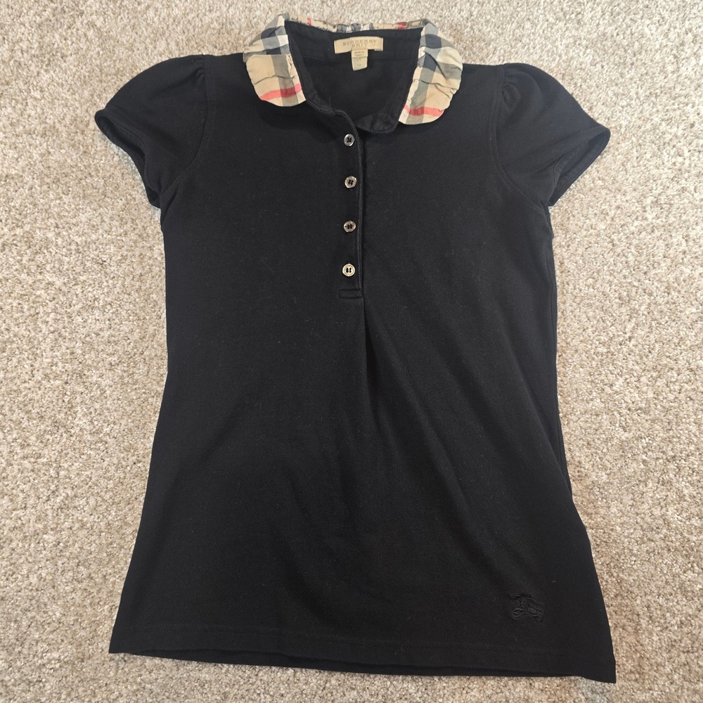 Burberry Brit Black Polo Shirt Nova Check Ruffle Collar Puff Sleeve XS TP